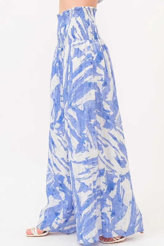 Blue Smocked Tied Waist Abstract Print Wide Leg Pants - Tigbul's Variety Fashion Shop