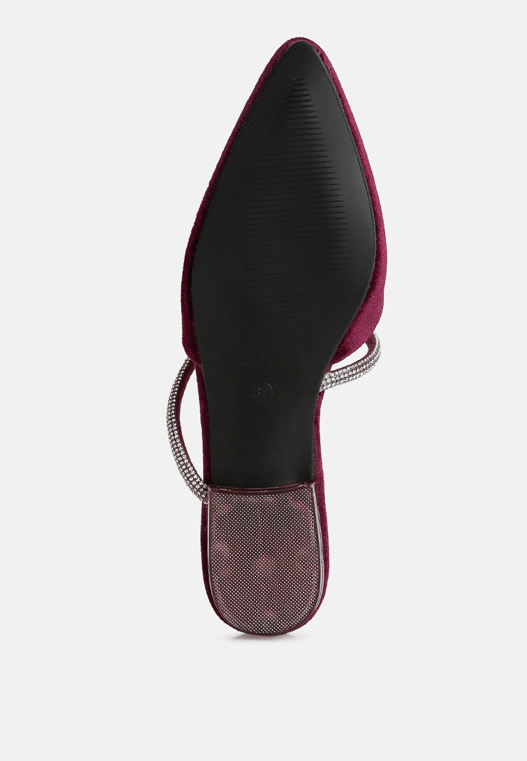 Burgundy velvet flat mule with diamante-trim strap; black insole visible