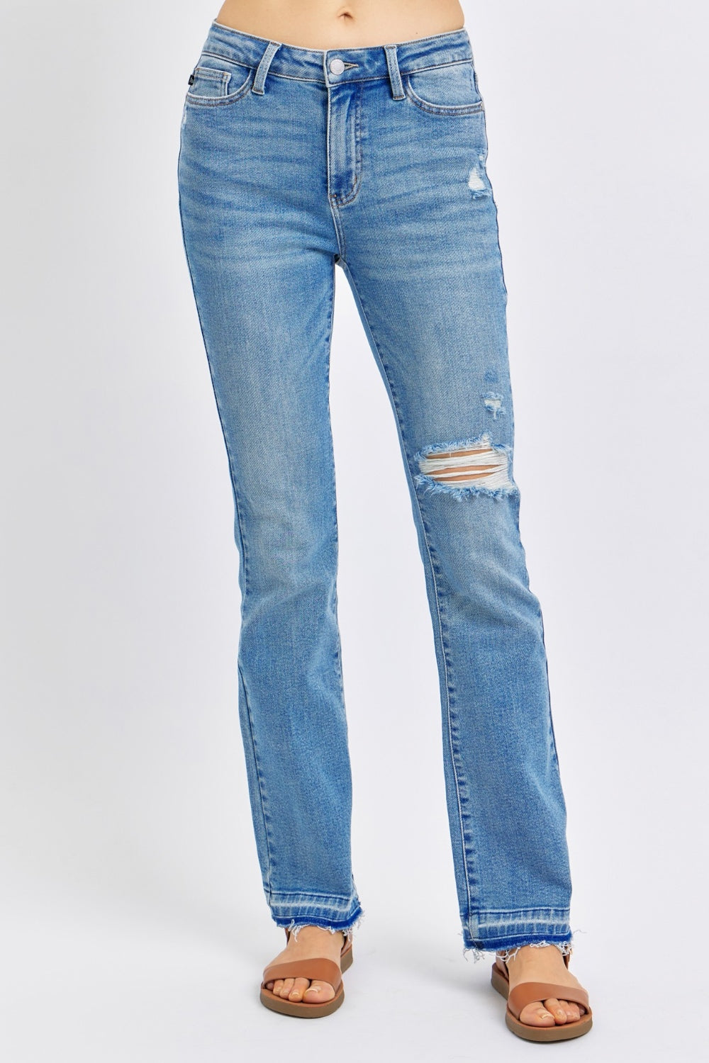 Judy Blue Full Size Mid Rise Destroyed Hem Distressed Jeans - Tigbul's Variety Fashion Shop