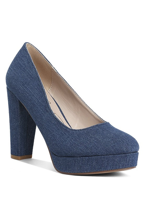 Kostur Denim Blue Block Heel Pumps | Tigbuls Variety