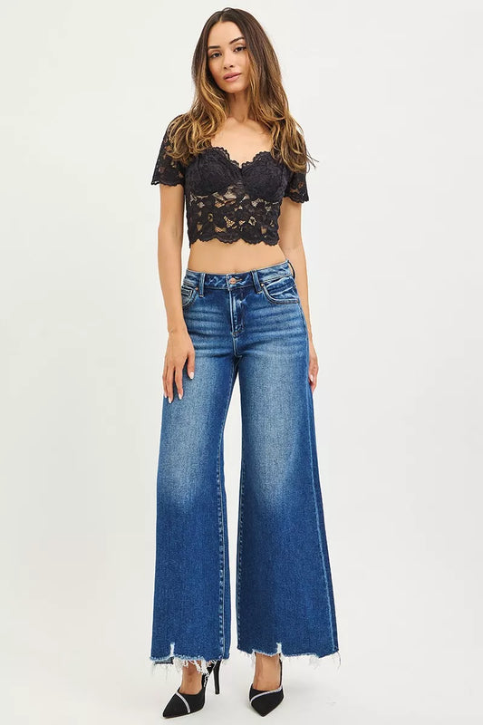 High Rise Wide Leg Dark Blue Jeans with Distressed Hem - Tigbul's Variety Fashion Shop