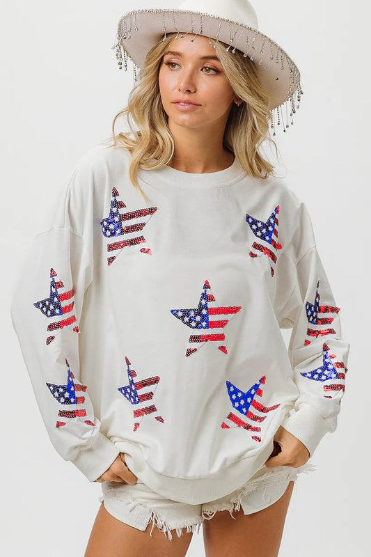 Off White American Flag Sequin Star Sweatshirt - Tigbul's Variety Fashion Shop