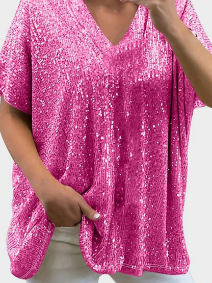 Sequin V-Neck Short Sleeve Top Blouse, Small to 3XL - Tigbul's Variety Fashion Shop