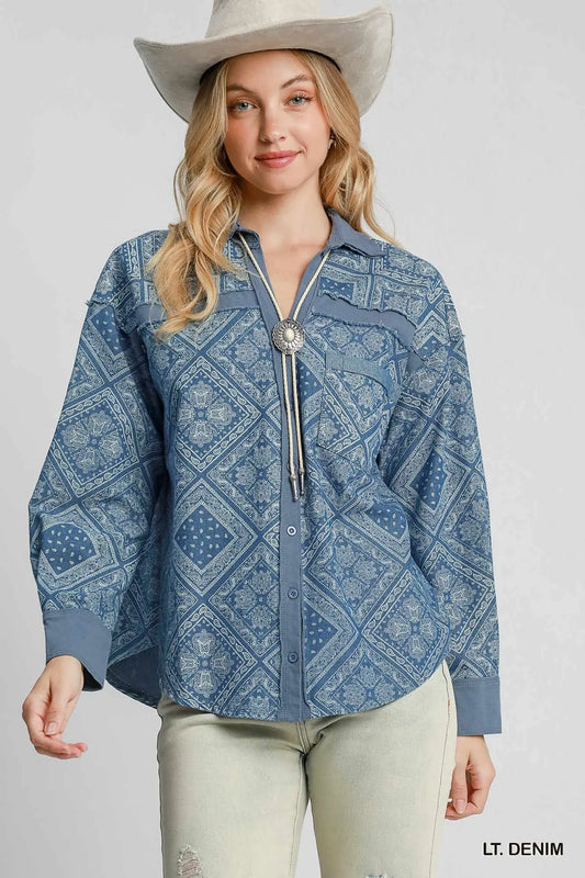Umgee Paisley Print Denim Shirt Jacket - Tigbul's Variety Fashion Shop