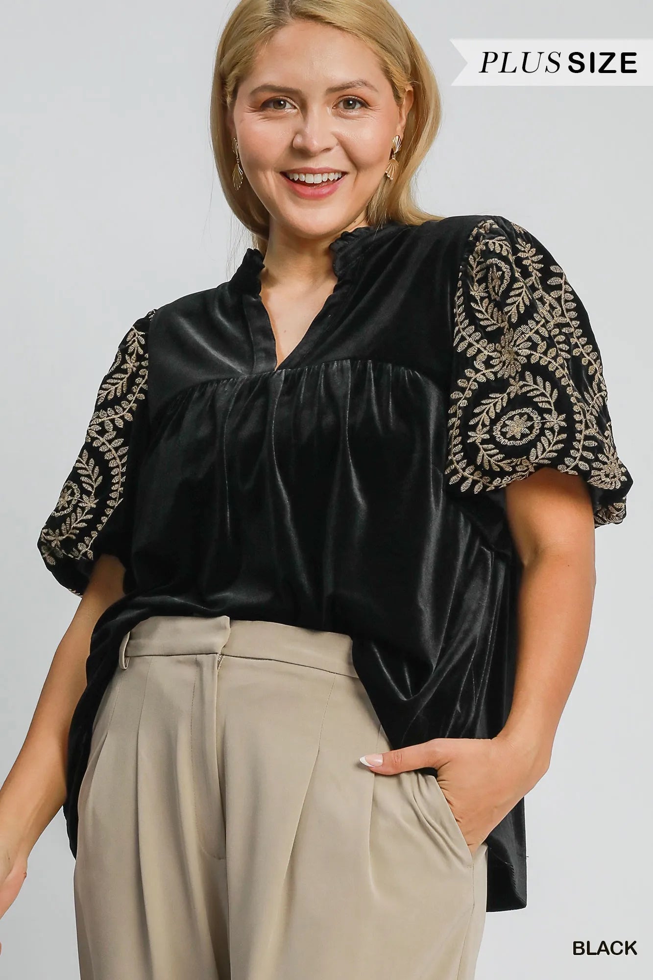 Umgee Full Size Velvet Embroidered Sleeve Blouse Plus Size - Tigbul's Variety Fashion Shop