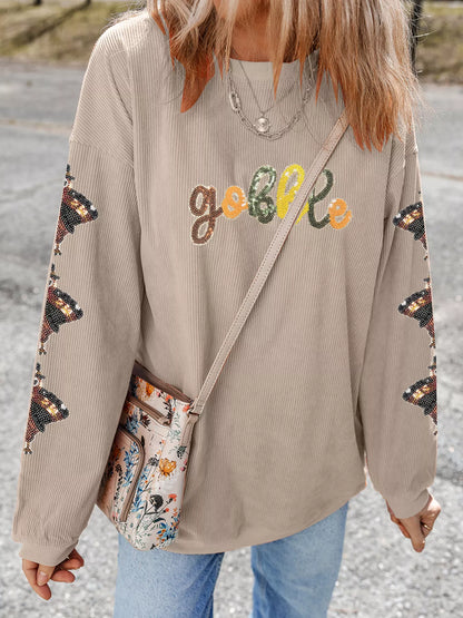 Gobble Corded Ribbed Thanksgiving Turkey Sequin Patched Sleeve Sweatshirt - Tigbul's Variety Fashion Shop