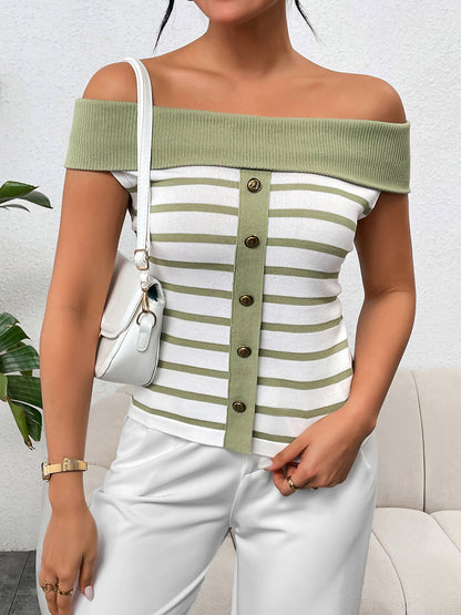 Decorative Button Striped Off-Shoulder Knit Top - Tigbuls Variety Fashion