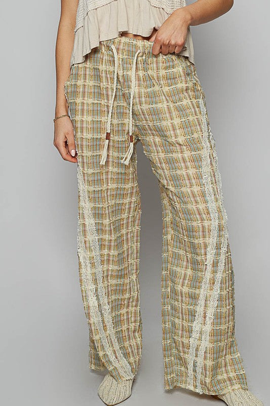 Lace Trim Drawstring Checkered Wide Leg Pants - Tigbul's Variety Fashion Shop