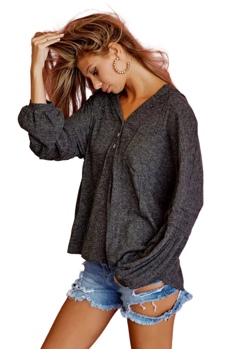 Dark gray textured knit hoodie with hood and front buttons, loose silhouette