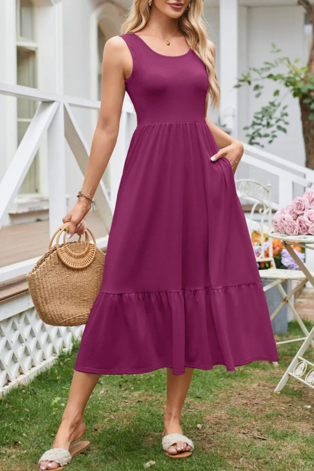 Round Neck Wide Strap Tank Dress - Tigbul's Variety Fashion Shop