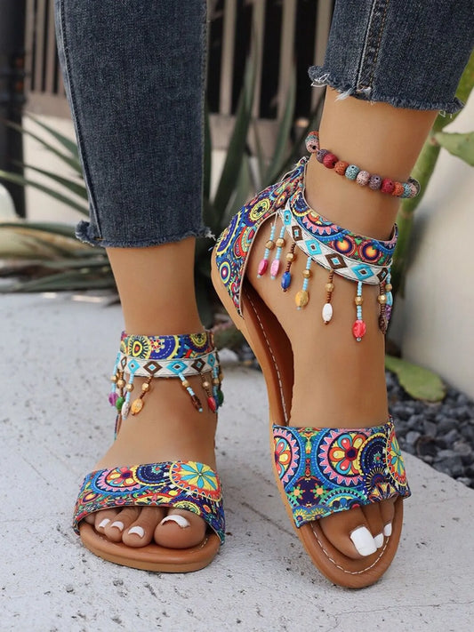 Beaded Ankle Strap Sandals - Tigbul's Variety Fashion Shop
