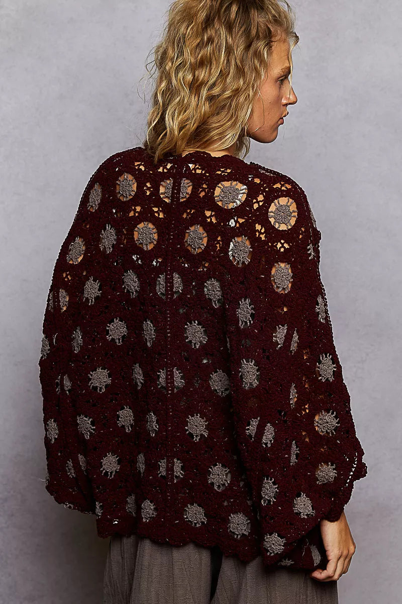 POL Openwork V-Neck Chenille Cardigan with Contrast Floral - Tigbul's Variety Fashion Shop