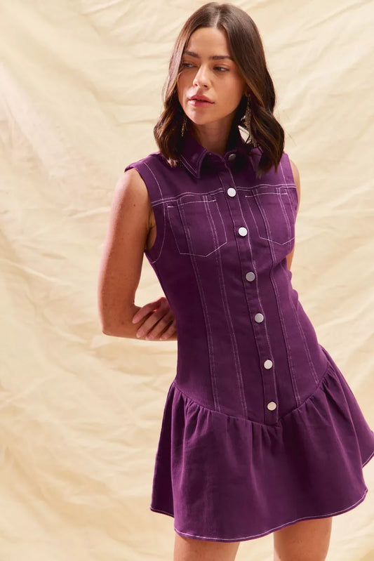 SO ME Button Down Sleeveless Collared Game Day Mini Dress - Tigbul's Variety Fashion Shop