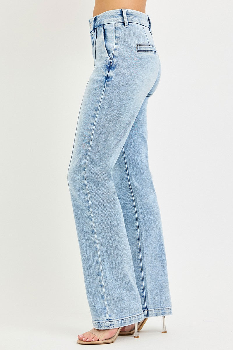 Light wash high-rise straight jeans back view: patch pockets and belt loops
