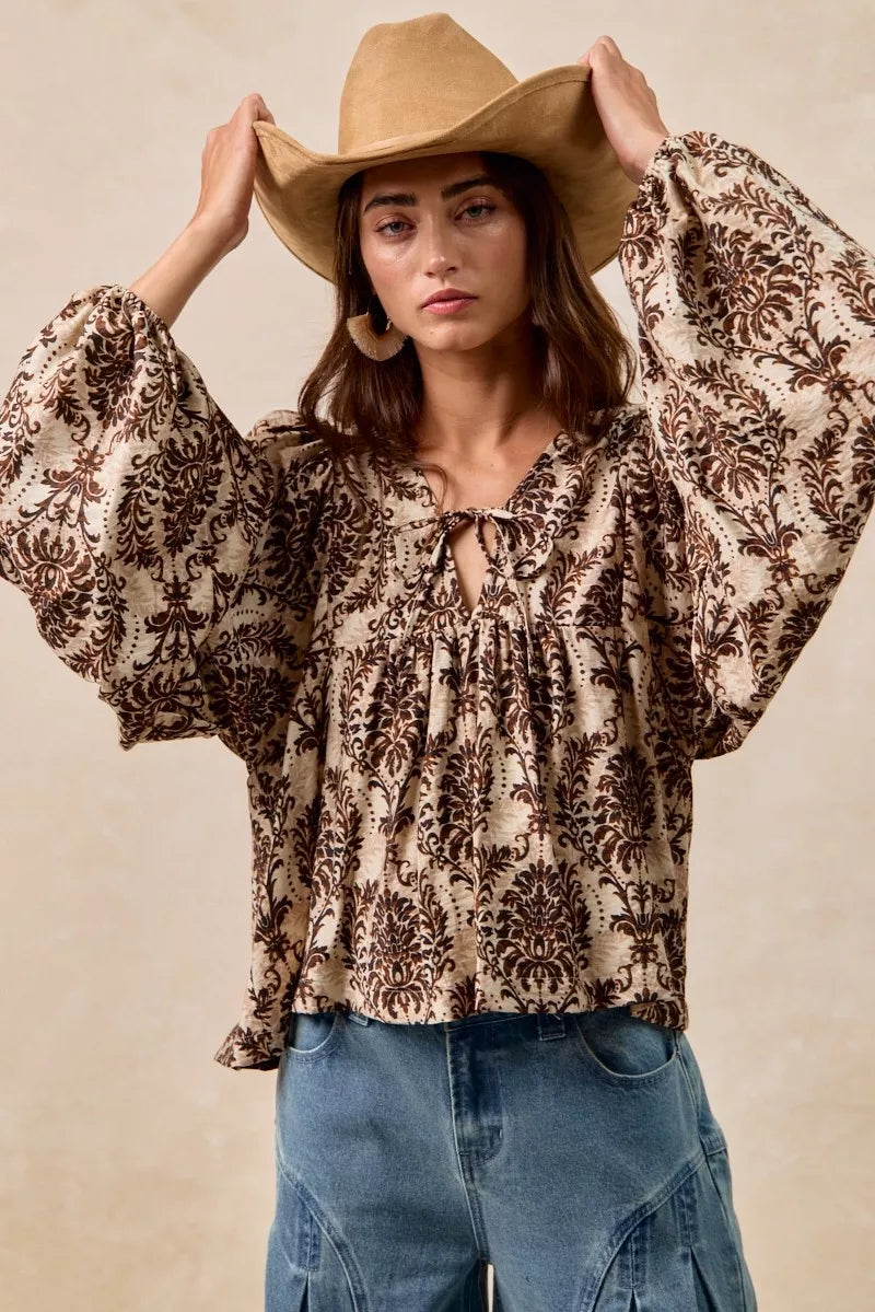 BiBi Printed Woven Front Tied Blouse with Baloon Sleeve - Tigbul's Variety Fashion Shop
