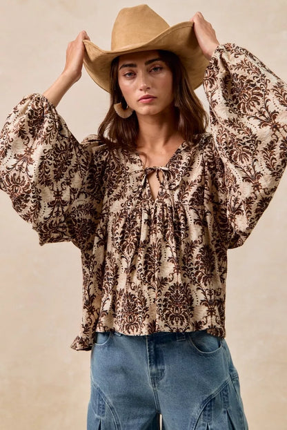 BiBi Printed Woven Front Tied Blouse with Baloon Sleeve - Tigbul's Variety Fashion Shop