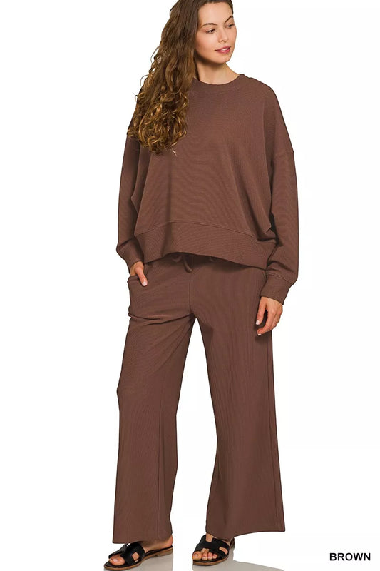 Zenana Ribbed Round Neck Pullover and Drawstring Pants Set - Tigbul's Variety Fashion Shop