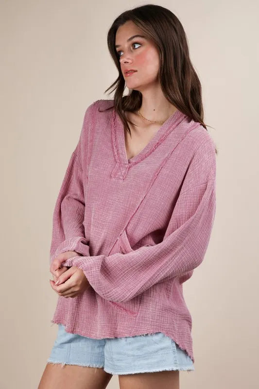 Mauve Plus Size Washed Cotton Gauze Oversized Top - Tigbul's Variety Fashion Shop