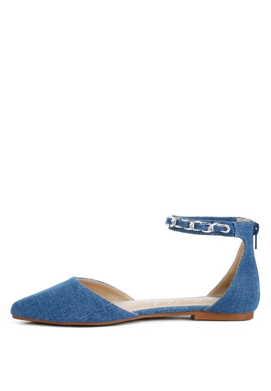 Buqisi Denim Blue Chain Embellished Flat Sandals - Tigbul's Variety Fashion Shop