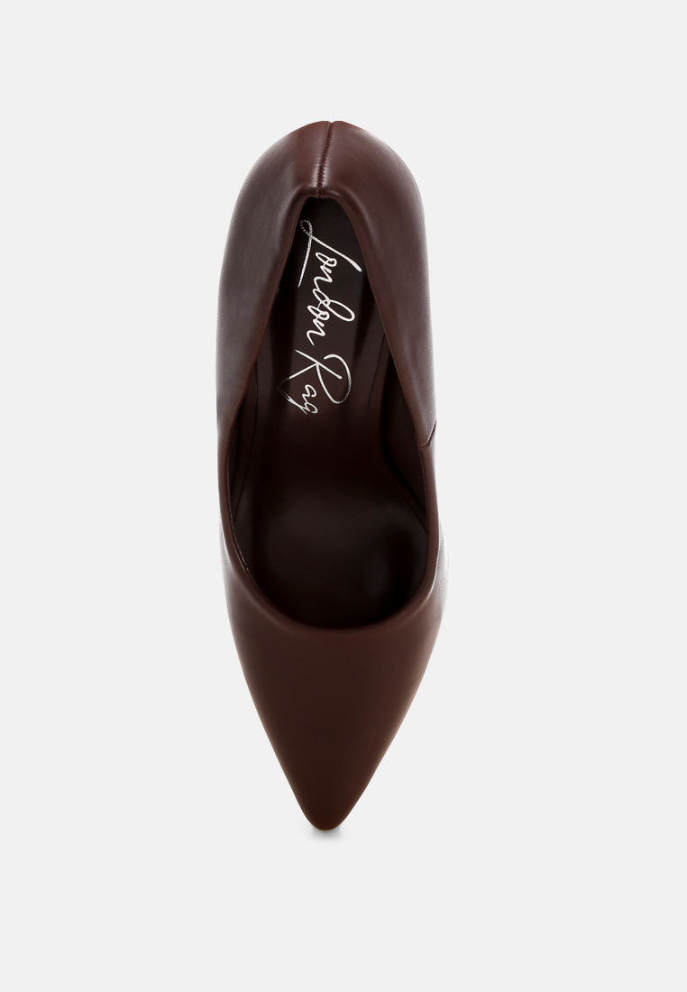 Brown faux leather block heel pumps, closed pointed toe, front view