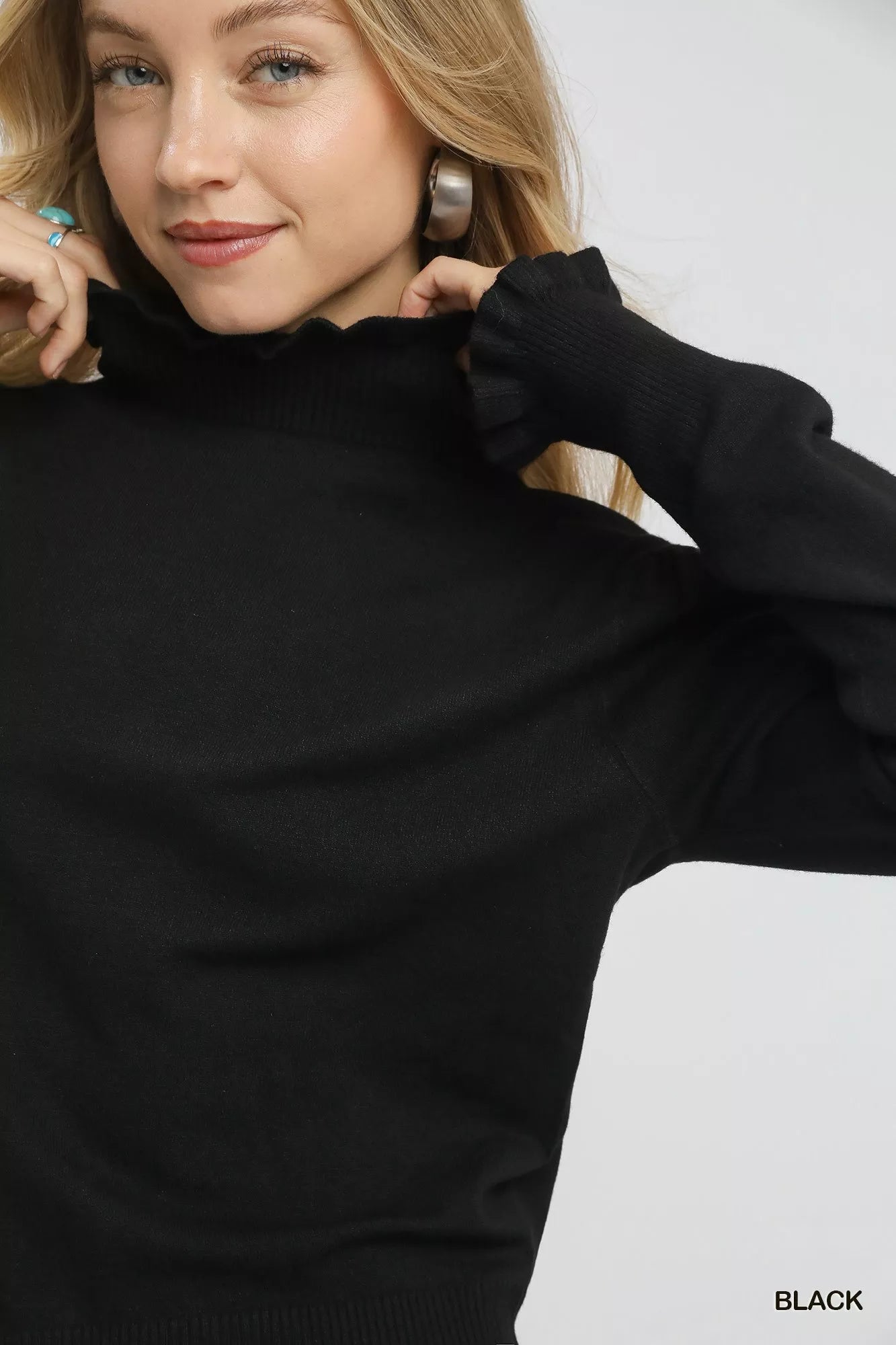Umgee Ruffle Mock Neck Puff Sleeve Sweater - Tigbul's Variety Fashion Shop