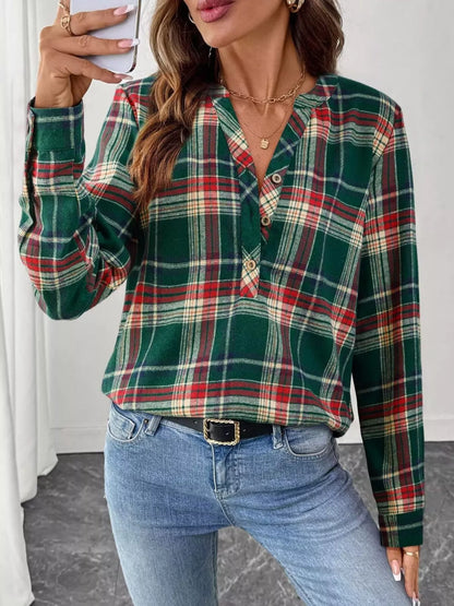 Plaid Half Button Long Sleeve Blouse - Tigbul's Variety Fashion Shop