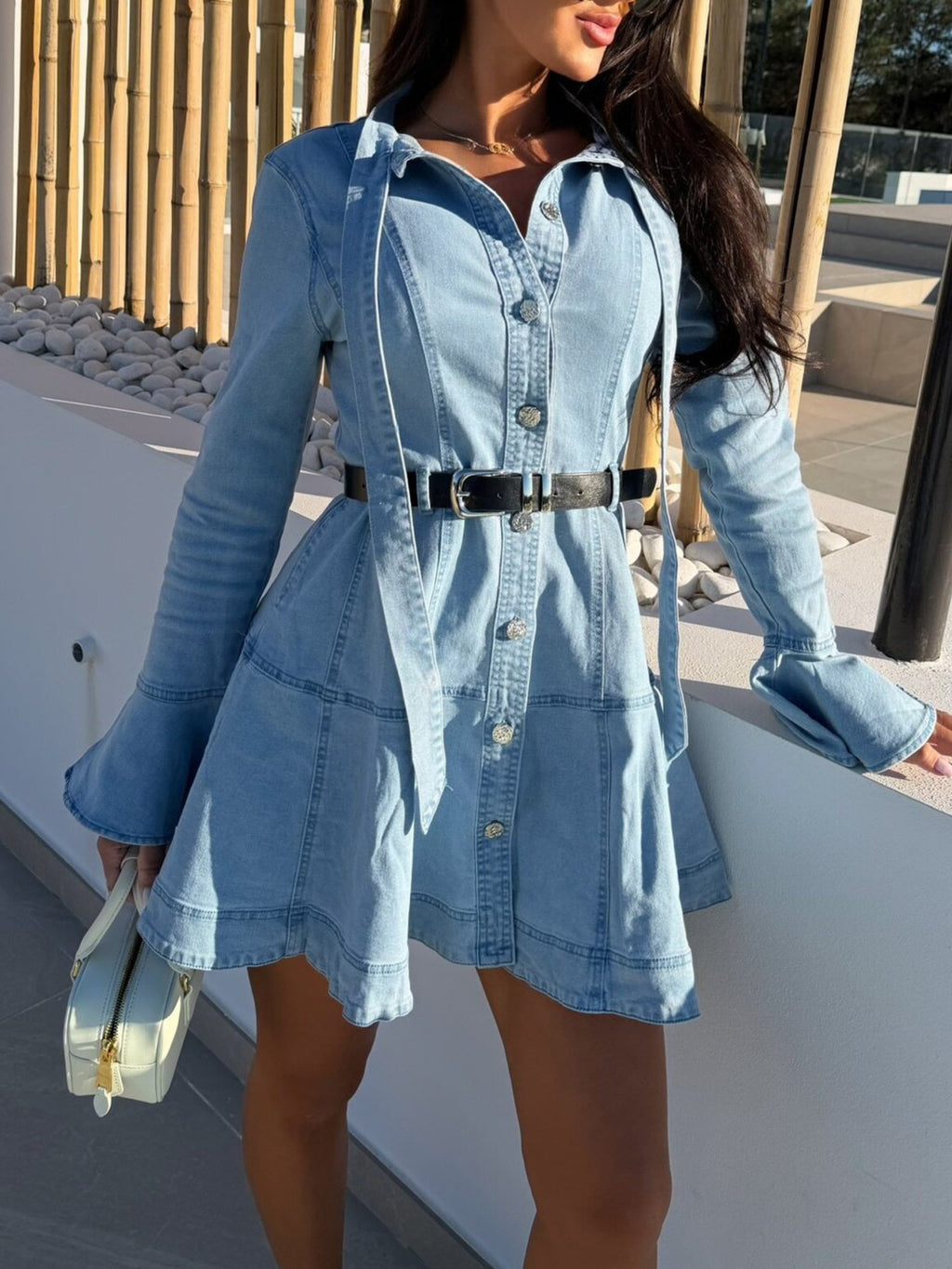 Light blue denim mini dress, button-front, flared cuffs, belted waist