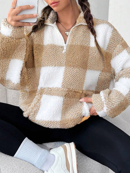 Full Size Plaid Sherpa Long Sleeve Sweatshirt Plus Size - Tigbul's Variety Fashion Shop