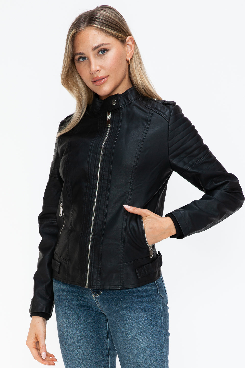 Black PU Leather Biker Jacket with Side Zip Pockets