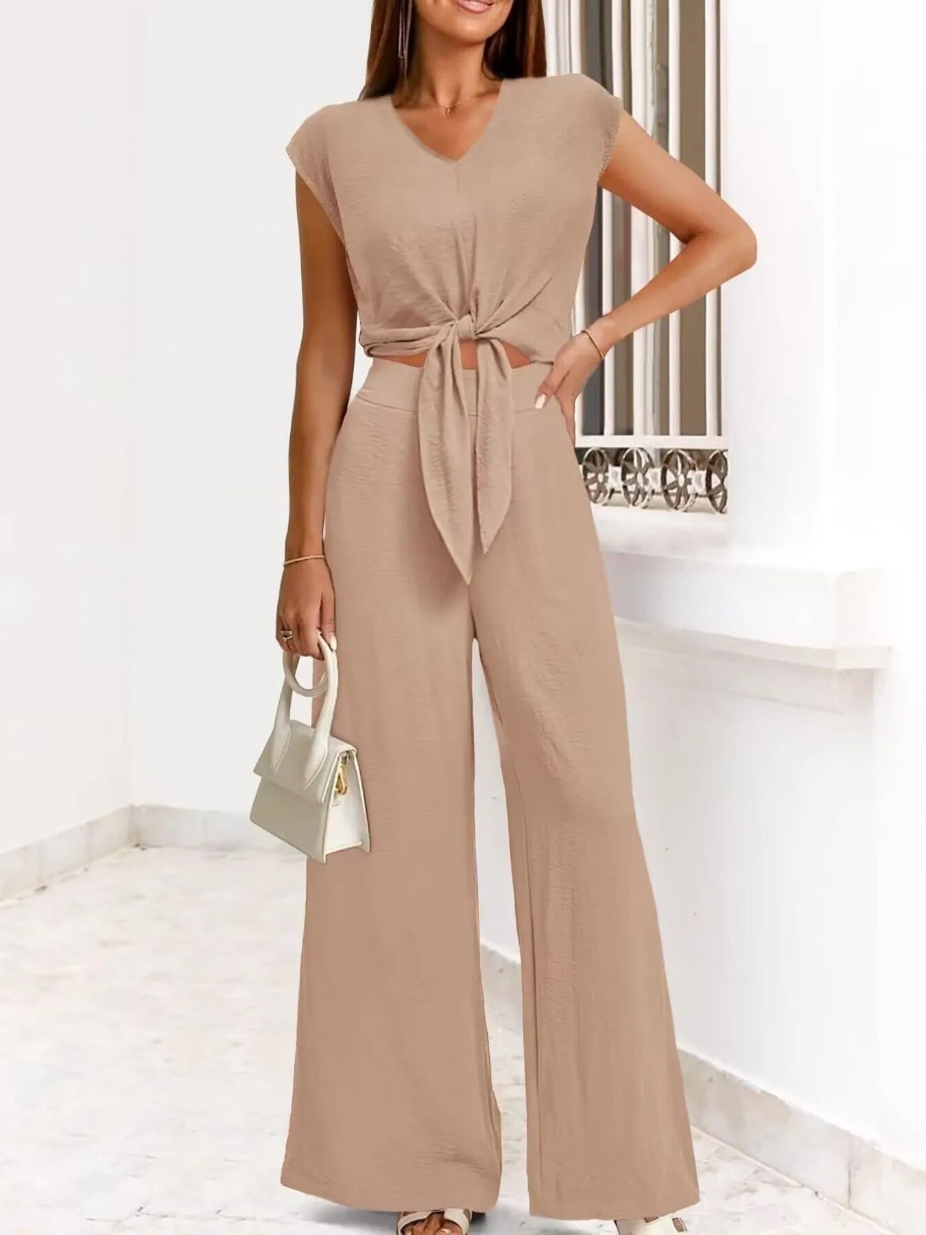 Tie Front Top and Wide Leg Pants Set - Tigbul's Variety Fashion Shop