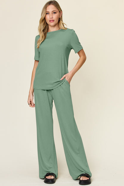 Double Take Full Size Round Neck Short Sleeve T-Shirt and Wide Leg Pants Set - Tigbul's Variety Fashion Shop