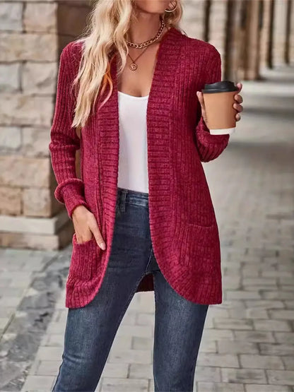 Ribbed Open Front Long Cardigan with Pockets - Tigbul's Variety Fashion Shop