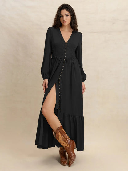 V-Neck Long Sleeve Dress - Tigbul's Variety Fashion Shop