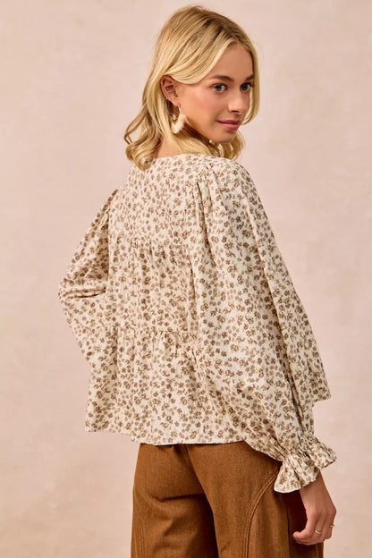 BiBi Floral Printed Peplum Blouse with Shirring and Tied - Tigbul's Variety Fashion Shop