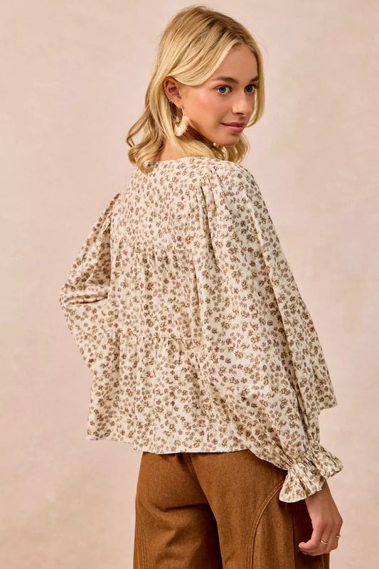 BiBi Floral Printed Peplum Blouse with Shirring and Tied - Tigbul's Variety Fashion Shop