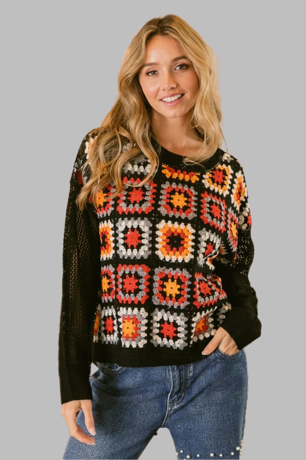 Ladies Granny Square Front Long Sleeve Top - Tigbul's Variety Fashion Shop