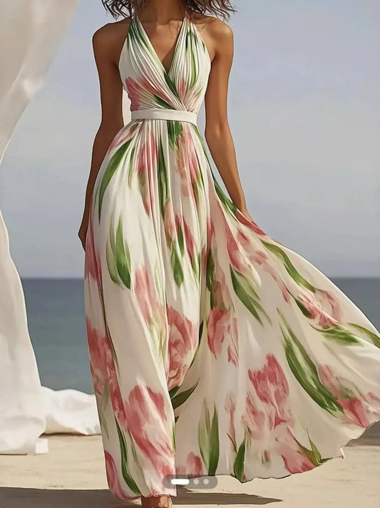 Floral Print Halter Neck Maxi Dress - Tigbul's Variety Fashion Shop