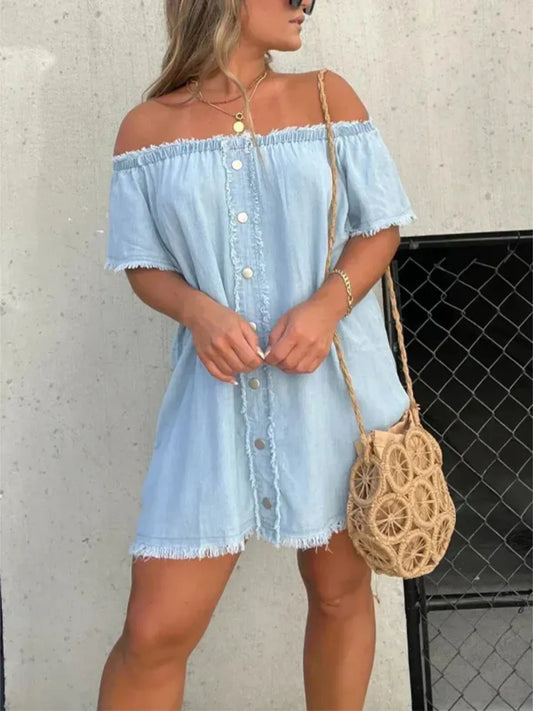 Full Size Raw Hem Mini Denim Dress Plus Size - Tigbul's Variety Fashion Shop