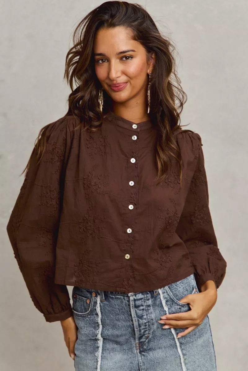 Dark brown 3D floral woven button shirt with long sleeves and gathered cuffs