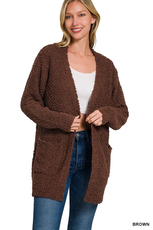 Zenana Long Sleeve Popcorn Sweater Cardigan with Pockets - Tigbul's Variety Fashion Shop