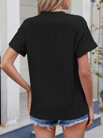 Eyelet Notched Short Sleeve Top - Tigbul's Variety Fashion Shop