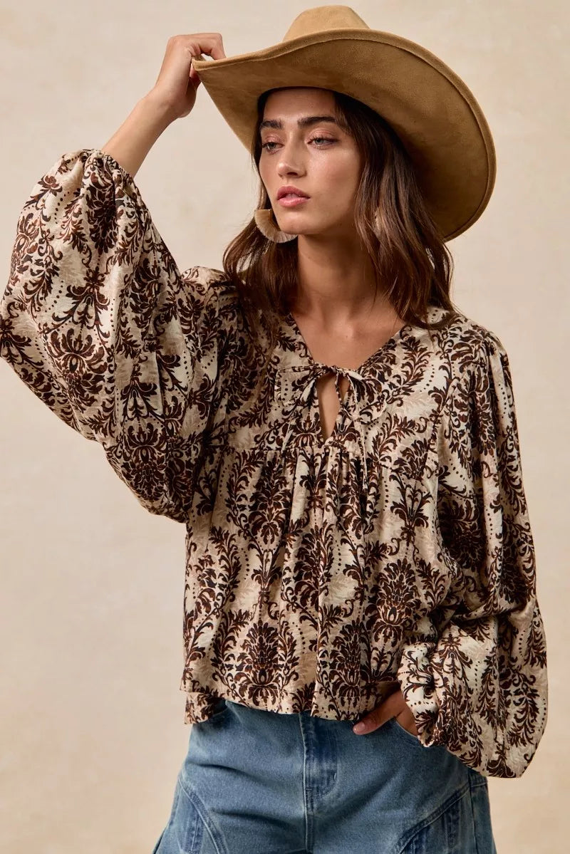 BiBi Printed Woven Front Tied Blouse with Baloon Sleeve - Tigbul's Variety Fashion Shop