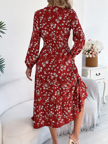 Floral Print Long Sleeve V-Neck Midi Dress - Tigbul's Variety Fashion Shop