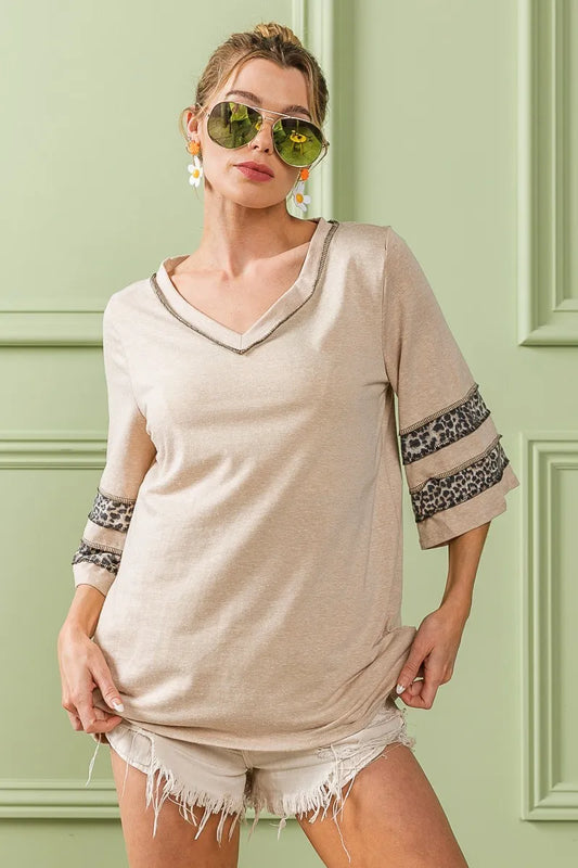 Triblend Knit Top with Leopard Band Detail - Tigbul's Variety Fashion Shop