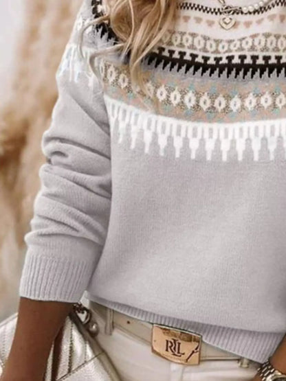 Full Size Vintage Patterned Round Neck Sweater Plus Size - Tigbul's Variety Fashion Shop