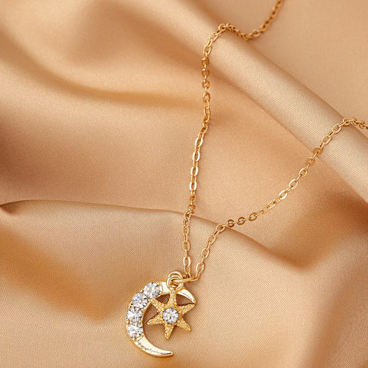 18K Gold-Plated Rhinestone Star & Moon Necklace - Tigbul's Variety Fashion Shop