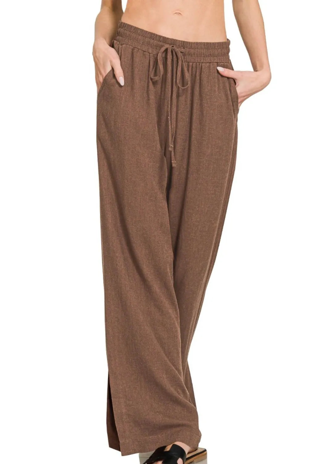 Brown Linen Drawstring Pants - Tigbul's Variety Fashion Shop