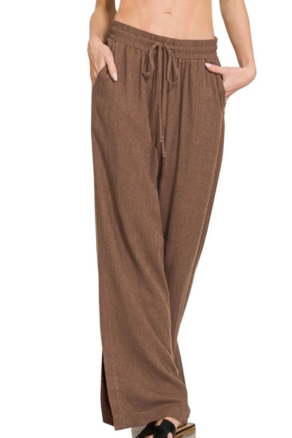 Brown Linen Drawstring Pants - Tigbul's Variety Fashion Shop