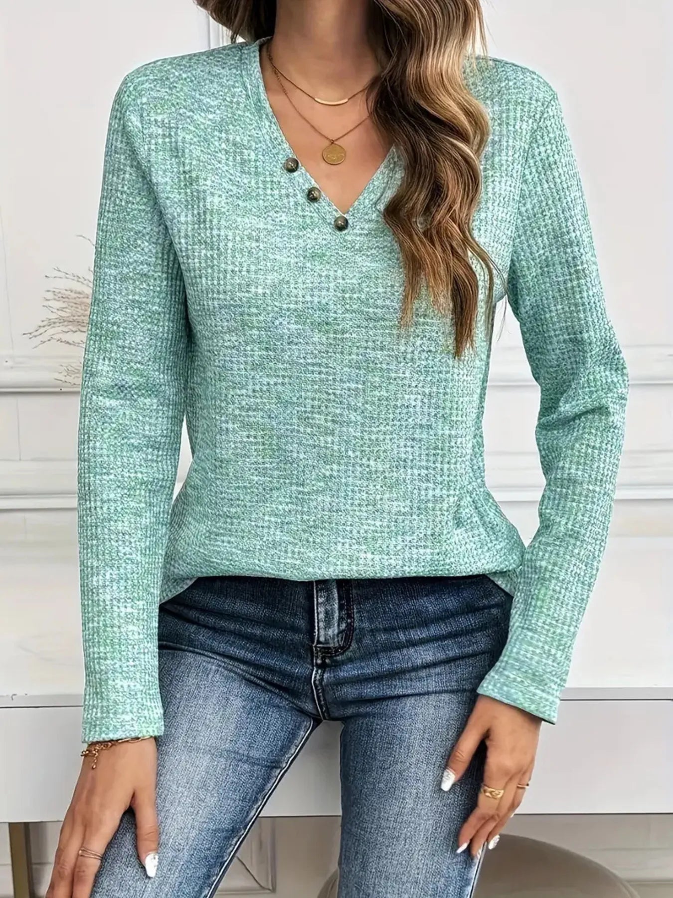 Heathered V-Neck Long Sleeve T-Shirt - Tigbul's Variety Fashion Shop