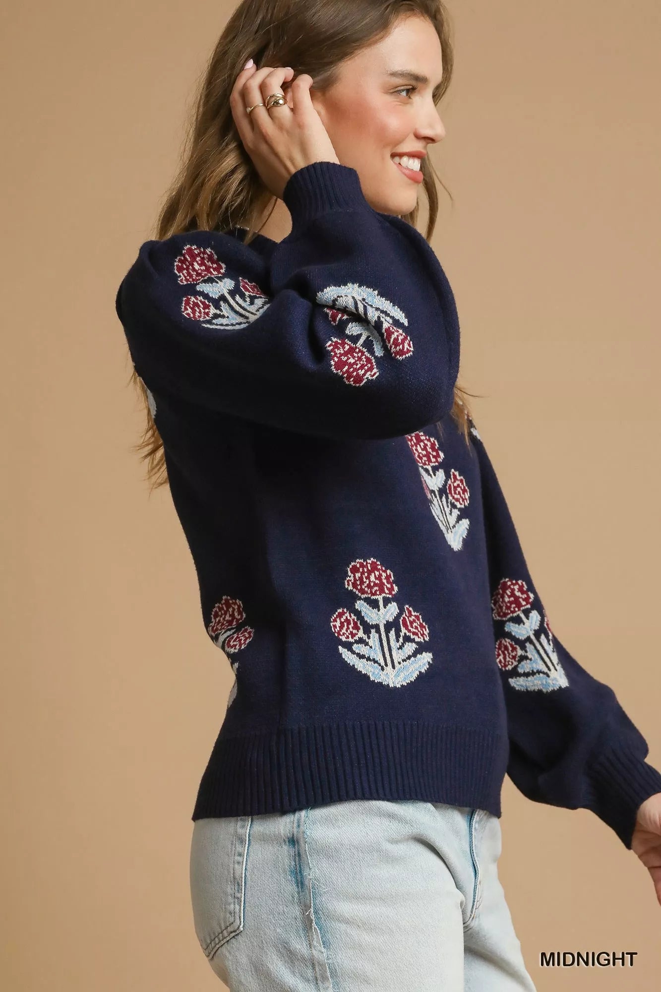 Umgee Floral Knit Sweater with Puff Sleeves - Tigbul's Variety Fashion Shop